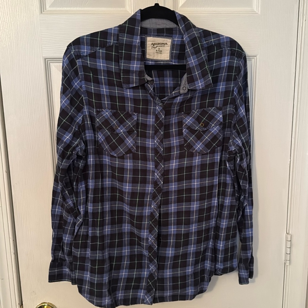 Arizona Jean Co Shirt Size 1X Color Blue Green Black Plaid Flannel